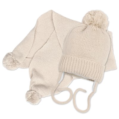 Baby Nellys Zimní čepička s šálou - NATURE, 0-6m - béžová