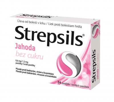 Strepsils Jahoda bez cukru 0,6 mg/1,2 mg 24 pastilek