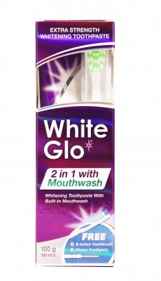 White Glo bělící pasta s ústní vodou 2 v 1 150 g + kartáček na zuby dárková sada