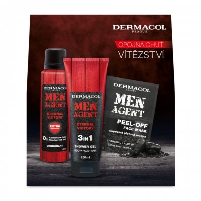 Dermacol Men Agent Eternal Victory 3v1 sprchový gel 250 ml + deodorant sprej 150 ml + slupovací pleťová maska 2 x 7,5 ml, kosmetická sada pro muže