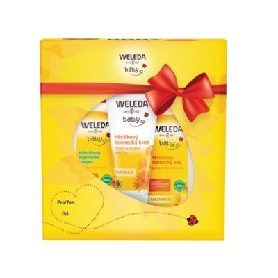 Weleda měsíčkový kojenecký krém 75 ml + Měsíčková kojenecká koupel 200 ml + měsíčkový kojenecký olej 200 ml + bavlněná plena s potiskem dárková sada