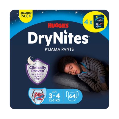 DryNites natahovací kalhotky pro chlapce JUMBO pack 3-4 roky/ 12-21kg / 4x16ks DryNites natahovací kalhotky pro chlapce JUMBO pack 3-4 roky/ 12-21kg / 4x16ks