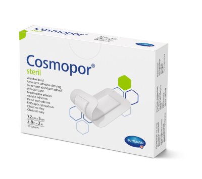 NÁPLAST HYPOALERGENNÍ COSMOPOR STERILNÍ 7,2X5CM,S POLŠTÁŘKEM,S HYDROFÓBNÍ MIKROSÍŤKOU,10KS