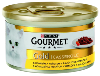 Gourmet Gold konzerva pro kočky - Kousky hovězího a kuřete v rajčatové omáčce 85g