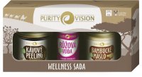 Purity Vision Wellness kávový tělový peeling 110 g + růžová voda s regeneračním účinkem 50 ml + BIO 100% bambucké máslo 120 ml dárková sada