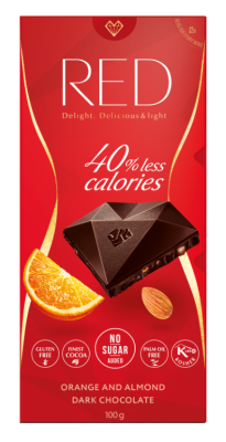 Red Hořká čokoláda s pomerančovou příchutí a mandlemi se sníženým obsahem kalorií bez přidaného cukru 100g