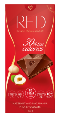 Red Výborná mléčná čokoláda s makadamiovými a lískovými ořechy se sníženým obsahem kalorií bez přidaného cukru 100g