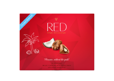 Red bonboniera Výborná mléčná čokoláda s kokosovou náplní se sníženým obsahem kalorií bez přidaného cukru 132g