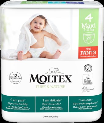 Moltex Pure & Nature Natahovací plenkové kalhotky Maxi 7–12kg 22ks Moltex Pure & Nature Natahovací plenkové kalhotky Maxi 7–12kg 22ks