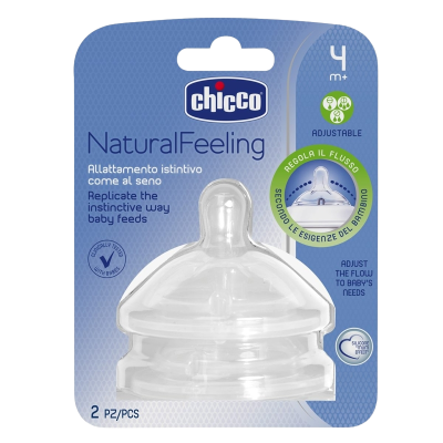 Chicco Dudlík na láhev Natural Feeling silikon, nastavitelný průtok 2ks, 4m+ Chicco Dudlík na láhev Natural Feeling silikon, nastavitelný průtok 2ks, 4m+