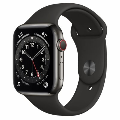 Apple Watch S6 GPS + Cellular, 44mm Graphite Stainless Steel Case, Black Sport Band, Regular 1ks