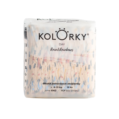 KOLORKY DAY - déšť a duhy - L (8-13 kg) - 19 ks - jednorázové eko plenky