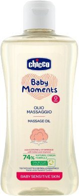 Chicco Olej masážní s bavlnou a vitamínem E Baby Moments Sensitive 74 % přírodních složek 200 ml