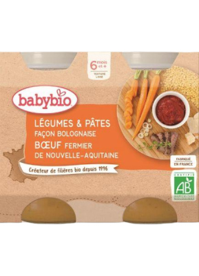 Babybio Příkrm zelenina s těstovinami na boloňský způsob s hovězím masem 2x200g