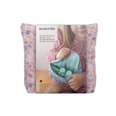 Suavinex kosmetická sada na cesty v bavlněné taštičce růžová