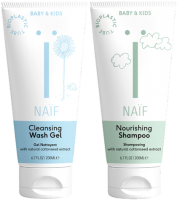 Naif Baby & Kids čisticí a mycí gel pro děti a miminka 200 ml + výživný šampon pro dětskou pokožku hlavy 200 ml dárková sada