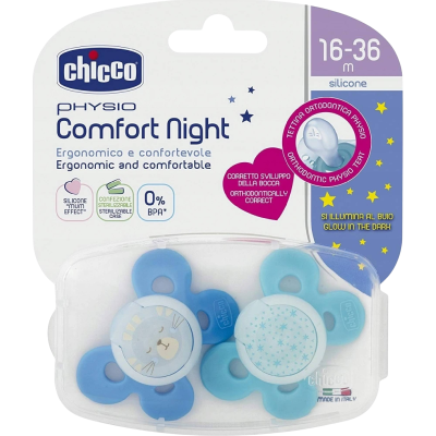 Chicco Šidítko Physio Comfort silikon noční 16-36m, chlapec - kočka/hvězdy 2ks