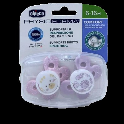 Chicco Šidítko Physio Comfort silikonové 6-16m, dívka - kočka/tečky 2ks Chicco Šidítko Physio Comfort silikonové 6-16m, dívka - kočka/tečky 2ks