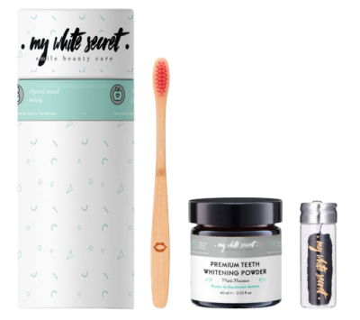 My White Secret Balíček Gift Pack II (Bělící pudr, dentální nit, kartáček)