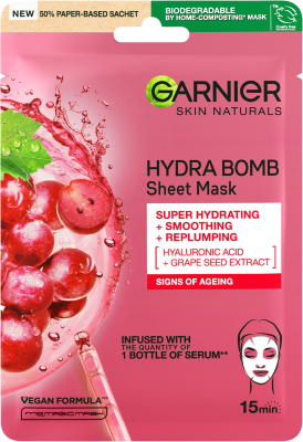 Garnier Skin Naturals Hydra Bomb vyhlazující a vyplňující textilní maska s výtažkem z hroznů 28 g Garnier Skin Naturals Hydra Bomb vyhlazující a vyplňující textilní maska s výtažkem z hroznů 28 g