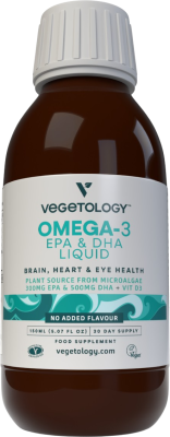 Vegetology Opti-3, Omega-3 EPA a DHA s vitaminem D3, bez příchutě 150 ml