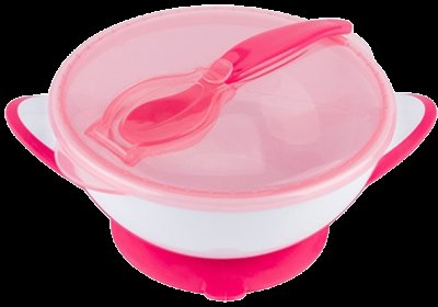 BabyOno Miska uzavíratelná s přísavkou a lžičkou růžová 6m+ 300 ml