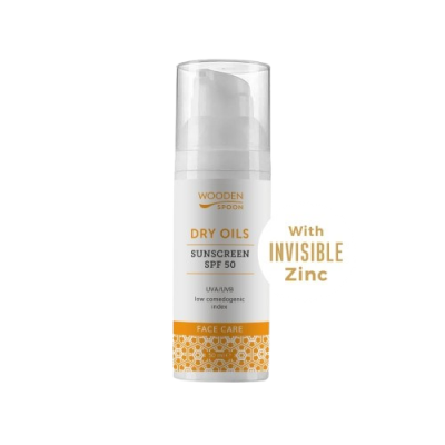 Woodenspoon Opalovací krém na obličej-nízký komedogenní index Dry Oils SPF 50, 50 ml