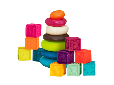 B-TOYS Kostky One Two Squeeze a Pyramida z kroužků