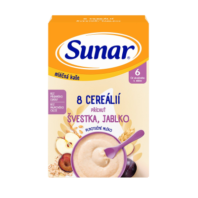 Sunar mléčná kaše s 8 cereáliemi, švestka, jablko 210 kg