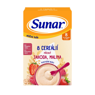 Sunar mléčná kaše s 8 cereáliemi, jahoda, malina 210 g