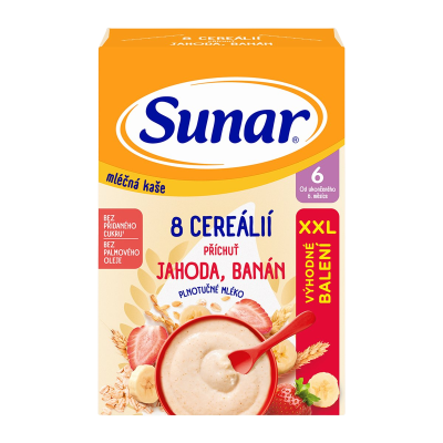 Sunar mléčná kaše s 8 cereáliemi jahoda, banán XXL 340 g
