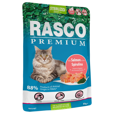 Rasco Kapsička Premium Sterilized, losos se spirulinou 85 g