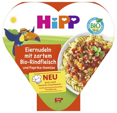 HIPP BIO příkrm Vaječné nudle se zeleninou a paprikou a jemným hovězím masem 250 g HIPP BIO příkrm Vaječné nudle se zeleninou a paprikou a jemným hovězím masem 250 g