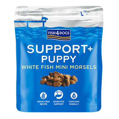 Fish4Dogs Support+ Puppy, Pamlsky pro štěňátka na podporu trávení s kousky bílé ryby a prebiotiky 150 g Fish4Dogs Support+ Puppy, Pamlsky pro štěňátka na podporu trávení s kousky bílé ryby a prebiotiky 150 g