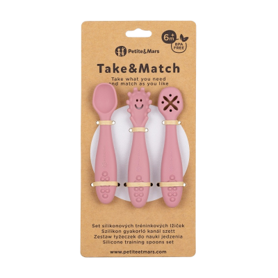 Petite&Mars Set silikonových tréninkových lžiček Take&Match Dusty Rose 6m+