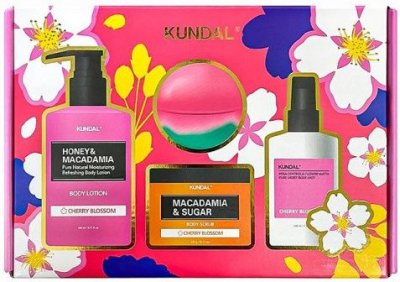 Kundal Bath and Body dárkový set s vůní Třešňového květu - mléko, peeling, šumivá koule, hydratační tělová mlha 4 ks