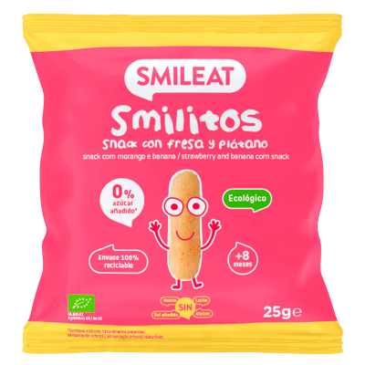 SMILEAT BIO kukuřičné křupky banán a jahoda s panenským olivovým olejem a vitaminem B1 8M+ 25 g