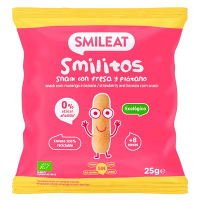 SMILEAT BIO kukuřičné křupky banán a jahoda s panenským olivovým olejem a vitaminem B1 8M+ 25 g