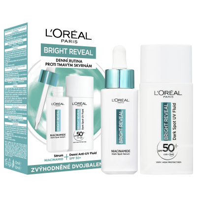 L'ORÉAL PARIS Bright Reveal denní anti-UV fluid SPF 50+, 50 ml + Bright Reveal sérum, proti tmavým skvrnám s niacinamidem, 30 ml