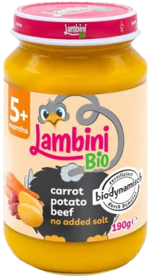 LAMBINI BIO Demeter příkrm mrkev, brambory a hovězí maso 190 g