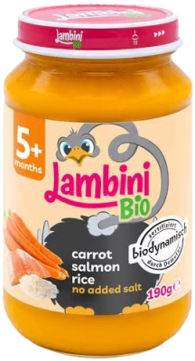 LAMBINI BIO Demeter příkrm mrkev, rýže a losos 190 g