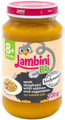 LAMBINI BIO Demeter příkrm špaldové špagety, zelenina a losos 220 g