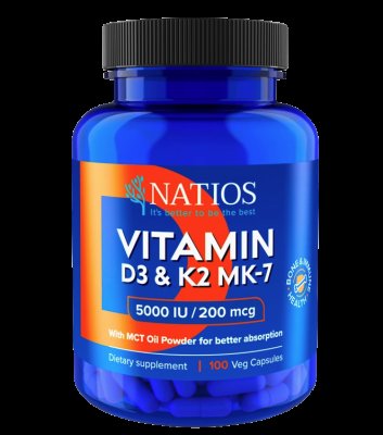 NATIOS Vitamin D3 & K2 (MenaQ7 MK-7), 5000 IU & 200 mcg 100 kapslí