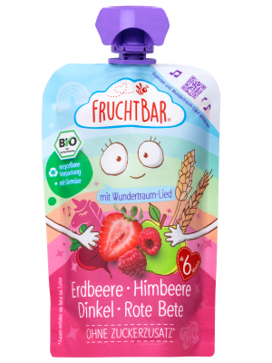 FRUCHTBAR BIO Ovocná kapsička s jahodami, malinami, červenou řepou a špaldou 100 g