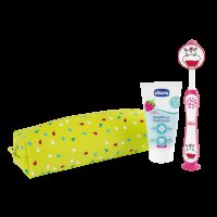 CHICCO Set zubní kartáček a pasta v pouzdře - Hippo, 3r+ CHICCO Set zubní kartáček a pasta v pouzdře - Hippo, 3r+