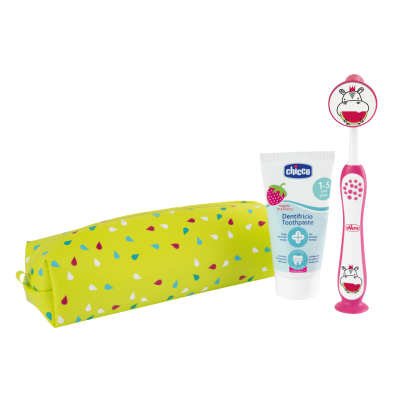 CHICCO Set zubní kartáček a pasta v pouzdře - Hippo, 3r+