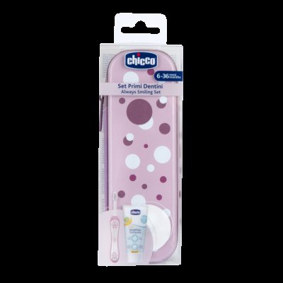 CHICCO Set zubní kartáček a pasta v pouzdře Always smiling - lilac, 6m+ CHICCO Set zubní kartáček a pasta v pouzdře Always smiling - lilac, 6m+
