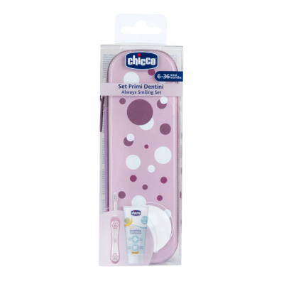 CHICCO Set zubní kartáček a pasta v pouzdře Always smiling - lilac, 6m+