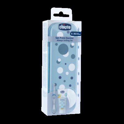 CHICCO Set zubní kartáček a pasta v pouzdře Always smiling - light blue, 6m+ CHICCO Set zubní kartáček a pasta v pouzdře Always smiling - light blue, 6m+