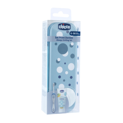 CHICCO Set zubní kartáček a pasta v pouzdře Always smiling - light blue, 6m+